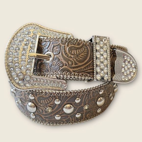 KATHY Van Zeeland Studded Belt Y2K Glam Cowgirl Western Rhinestones Leather S main image 10